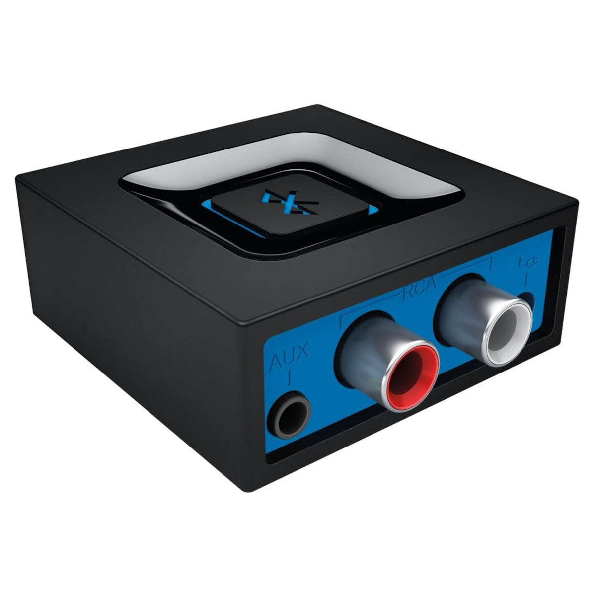 Logitech Bluetooth-modtager til højttalere, sort firkantet design med blå knap, 3,5 mm AUX-port, røde og hvide RCA-stik.