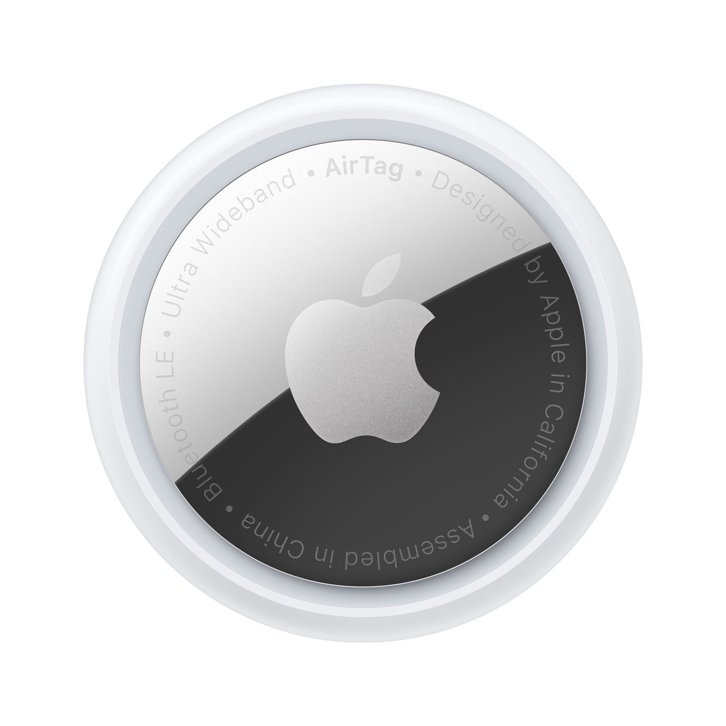 Apple AirTag 1-pak rund, sølvlogo, hvid kant, Ultra wideband, Bluetooth LE, Find-appen kompatibel.