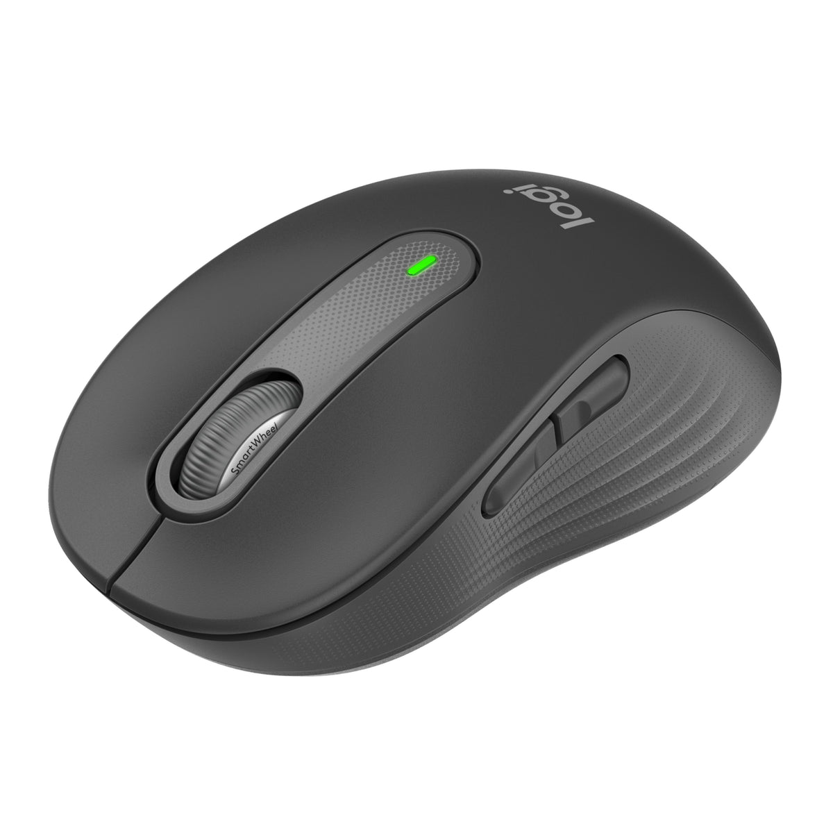 Logitech Signature M650 trådløs mus i grafitfarve til små og mellemstore hænder med SmartWheel, sideknapper og grønt lys.