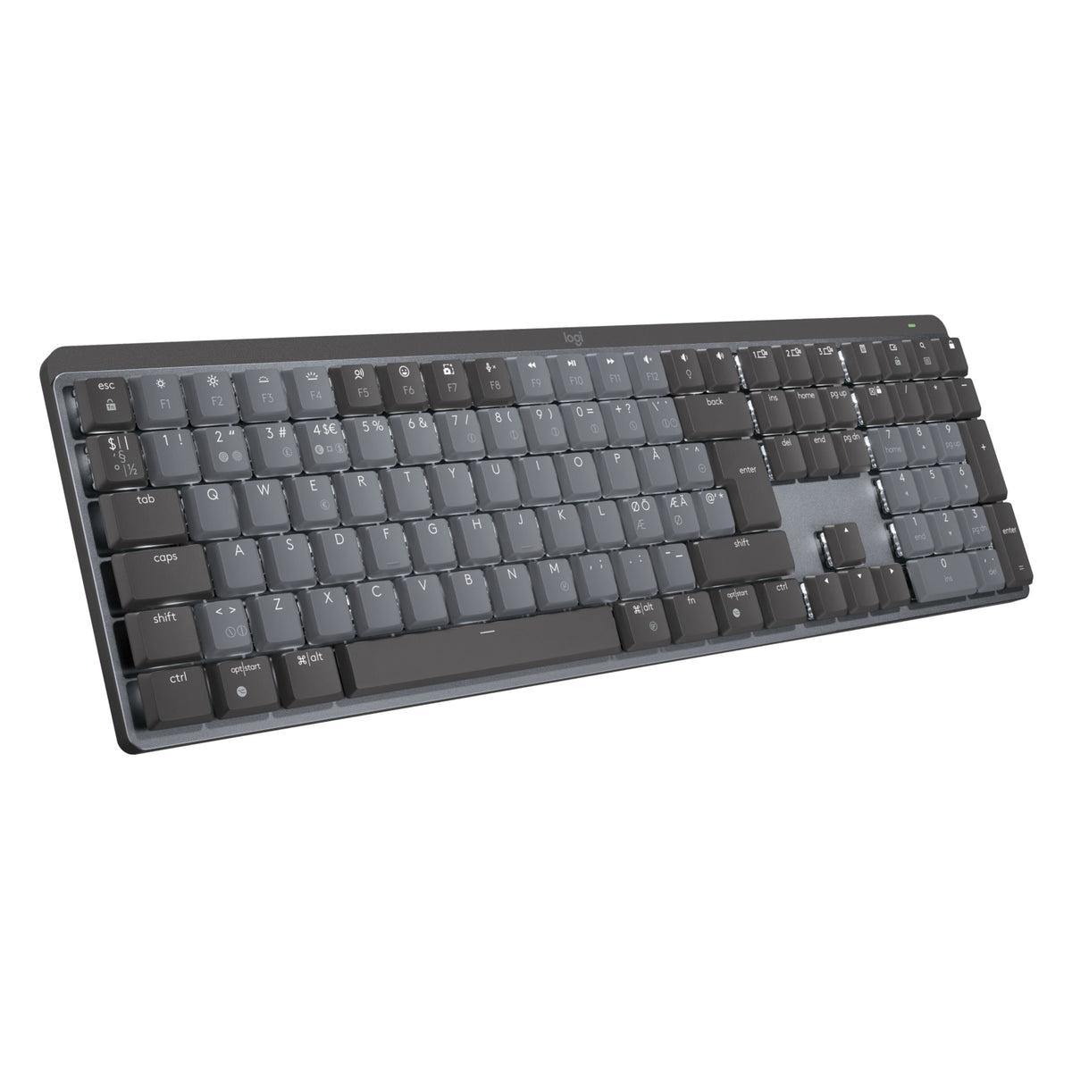 Logitech MX Mechanical trådløst mekanisk tastatur, Tactile Quiet (Brown), nordisk tastaturlayout, lavprofil, mørkegrå ramme.