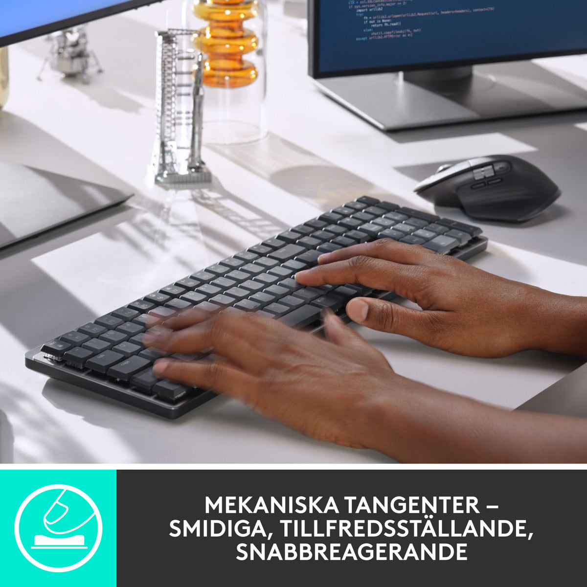 Logitech MX Mechanical trådløst mekanisk tastatur, Tactile Quiet (Brown) med ergonomisk mus på skrivebordet.