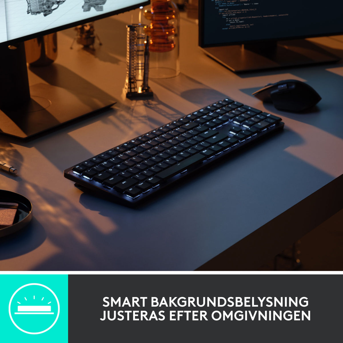 Logitech MX Mechanical trådløst mekanisk tastatur, Tactile Quiet Brown med baggrundsbelysning til skrivebordet.