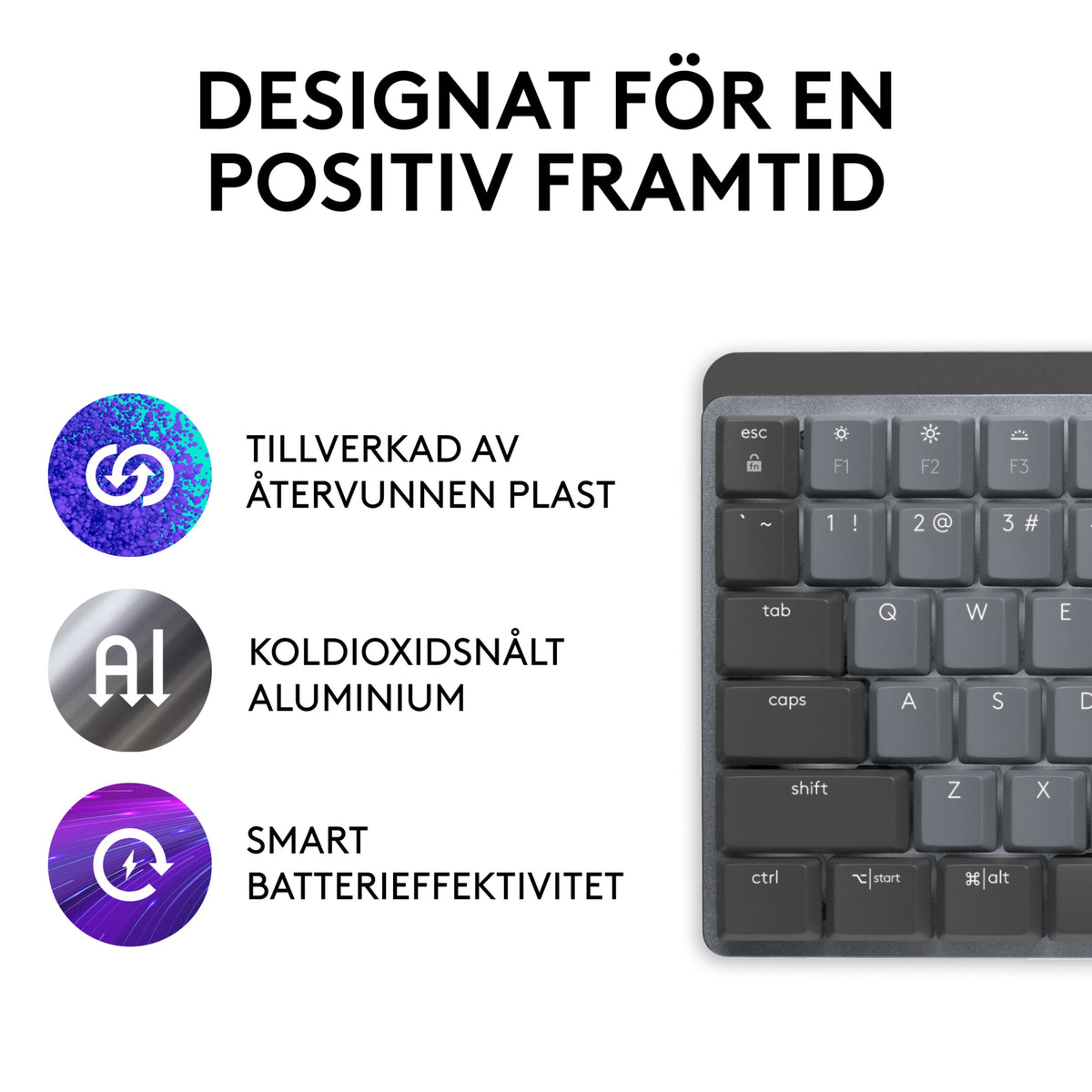 Logitech MX Mechanical trådløst tastatur, Tactile Quiet (Brown), med ikoner og svensk tekst om bæredygtighed.