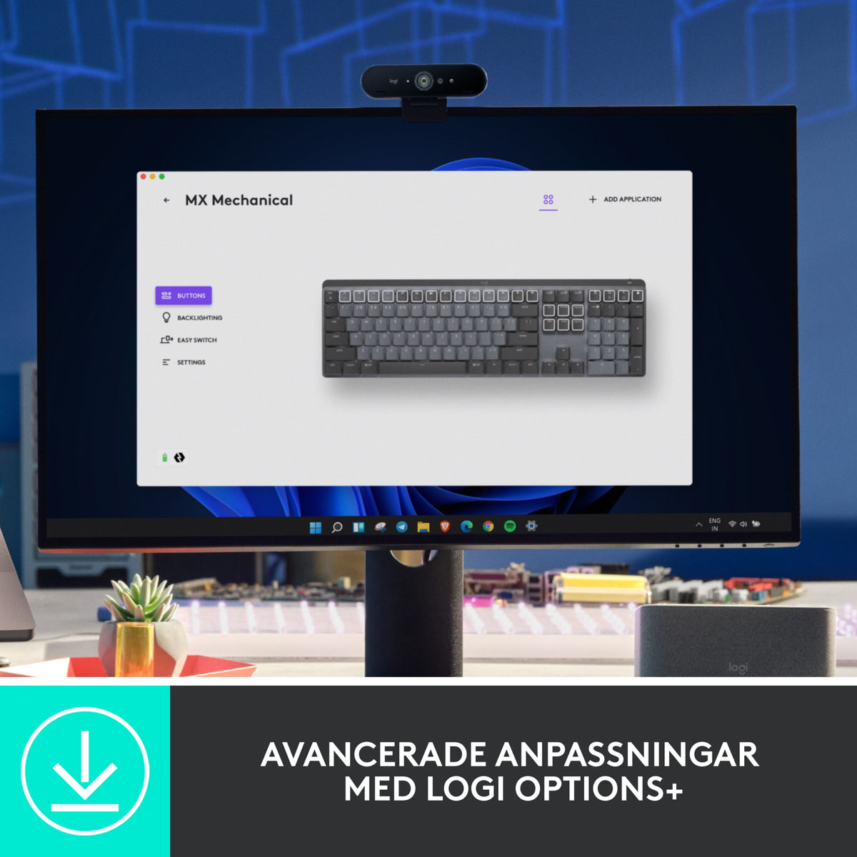 Skærm med konfigurationssoftware til Logitech MX Mechanical trådløst mekanisk tastatur, Tactile Quiet Brown, med webcam.