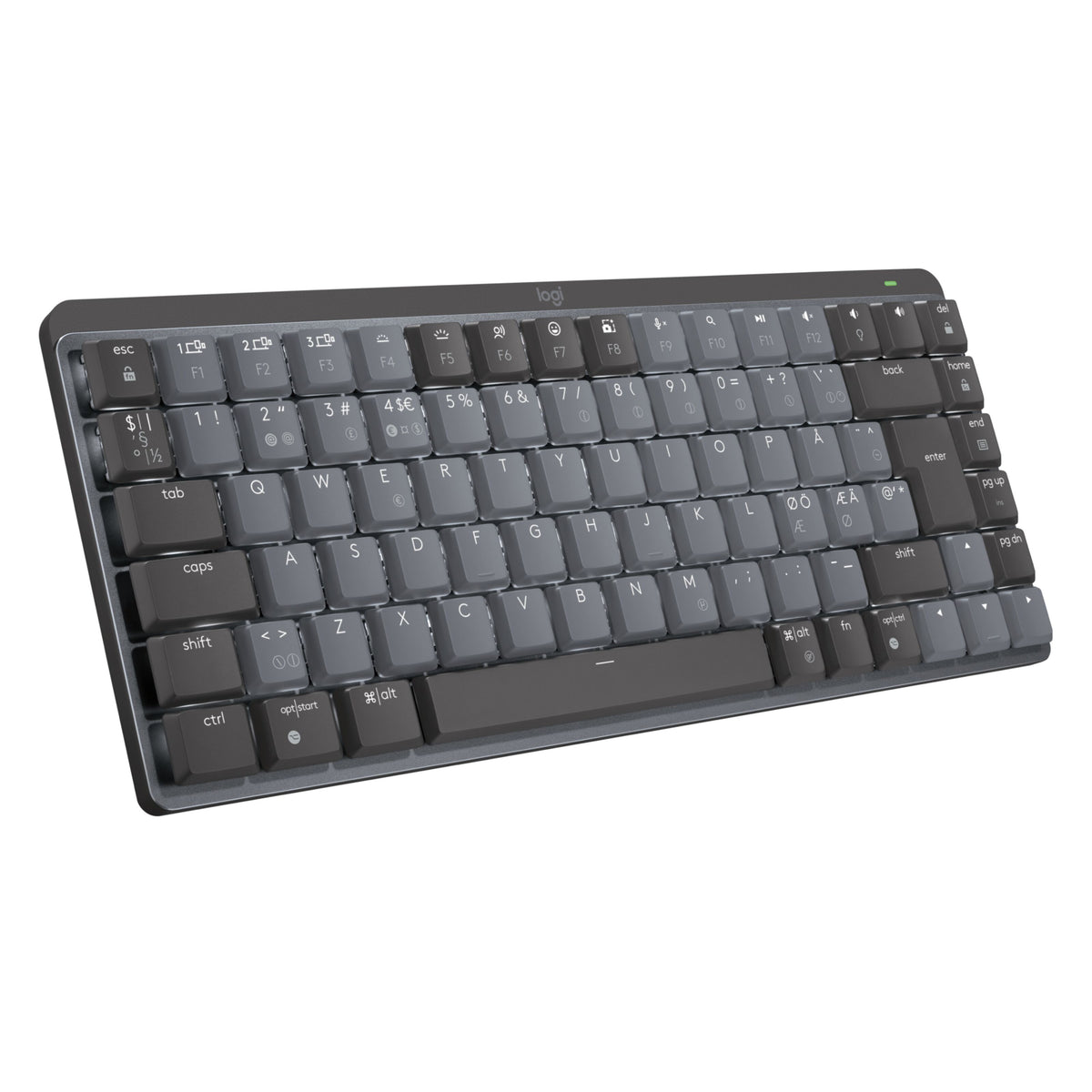 Logitech MX Mechanical Mini trådløst mekanisk tastatur, Tactile Quiet, grå/mørkegrå taster, nordisk tastaturlayout.