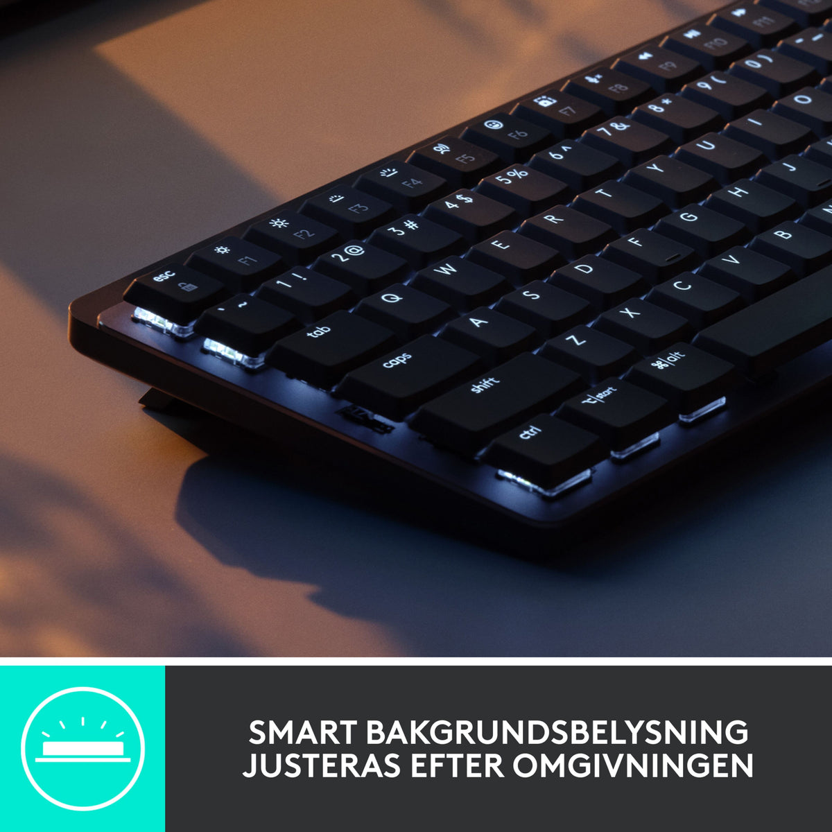 Logitech MX Mechanical Mini – trådløst mekanisk tastatur, Tactile Quiet Brown, lavprofil med baggrundsbelysning.