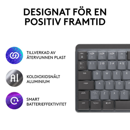 Logitech MX Mechanical Mini trådløst mekanisk tastatur, gråt, Tactile Quiet (Brown) med ikoner for genbrugsplast og batteri.