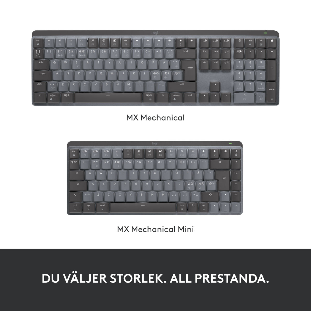 Logitech MX Mechanical Mini og trådløst mekanisk tastatur i fuld størrelse, Tactile Quiet (Brown), grå taster, nordisk layout.