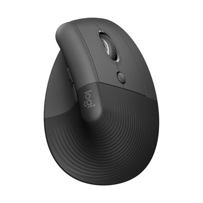 Logitech Lift – vertikal ergonomisk mus, Graphite, med riflet overflade og SmartWheel-rullehjul.