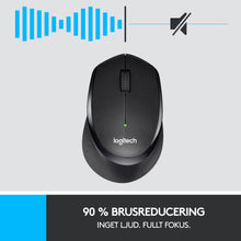 Logitech M330 Silent trådløs mus i sort med rullehjul, lydbølgeikon og lydløst symbol for støjsvage klik.