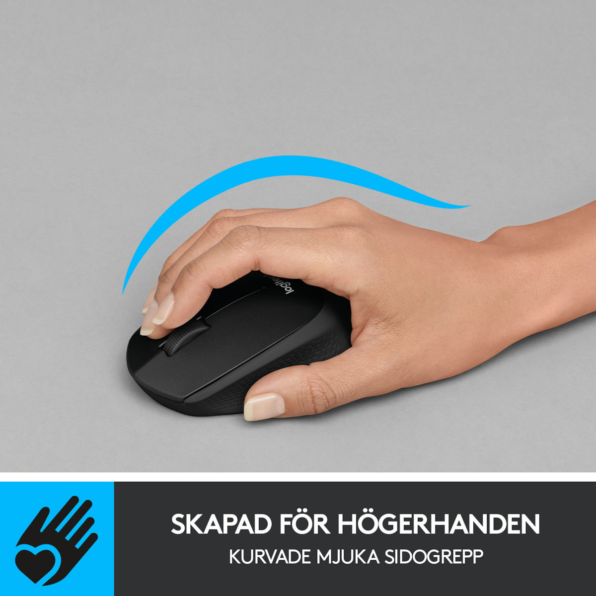 Logitech M330 Silent trådløs mus med rullehjul under hånden og teksten SKABT TIL HØJREHÅNDEN – BUEDE, BLØDE SIDEGREB.