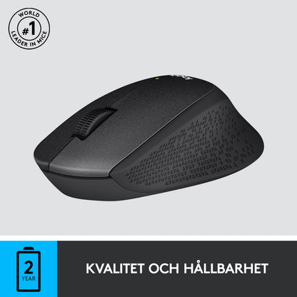 Logitech M330 Silent trådløs mus i sort med mønstret sidegreb, rullehjul og ikon for 2 års garanti.