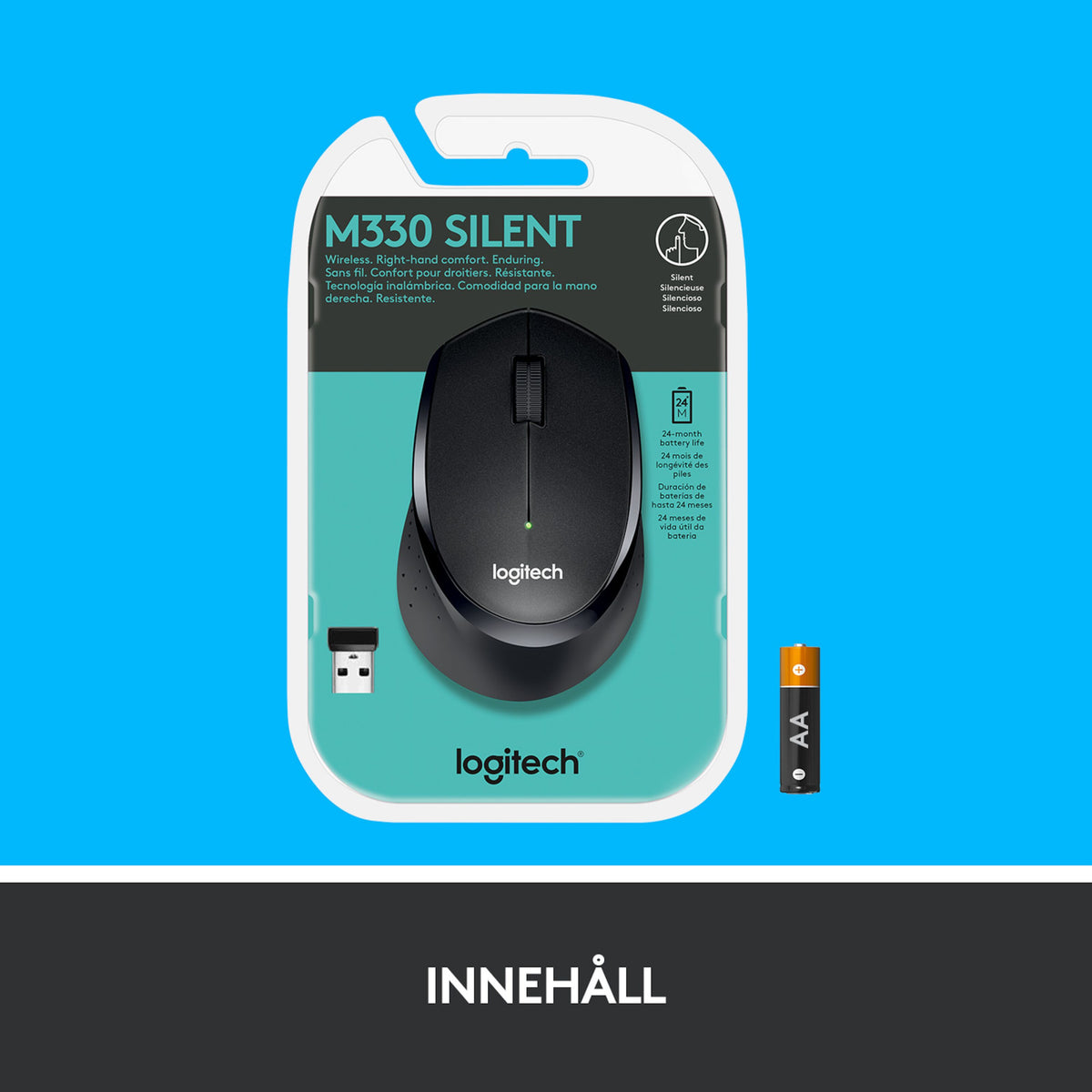 Logitech M330 Silent trådløs mus i emballage med USB-modtager og AA-batteri.