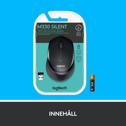 Logitech M330 Silent trådløs mus i emballage med USB-modtager og AA-batteri.