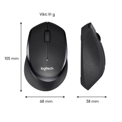 Logitech M330 Silent trådløs mus i sort, set ovenfra og fra siden med angivelse af mål og vægt.