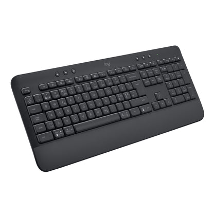 Logitech Signature K650 trådløst tastatur i grafitfarve med håndledsstøtte og numerisk tastatur.