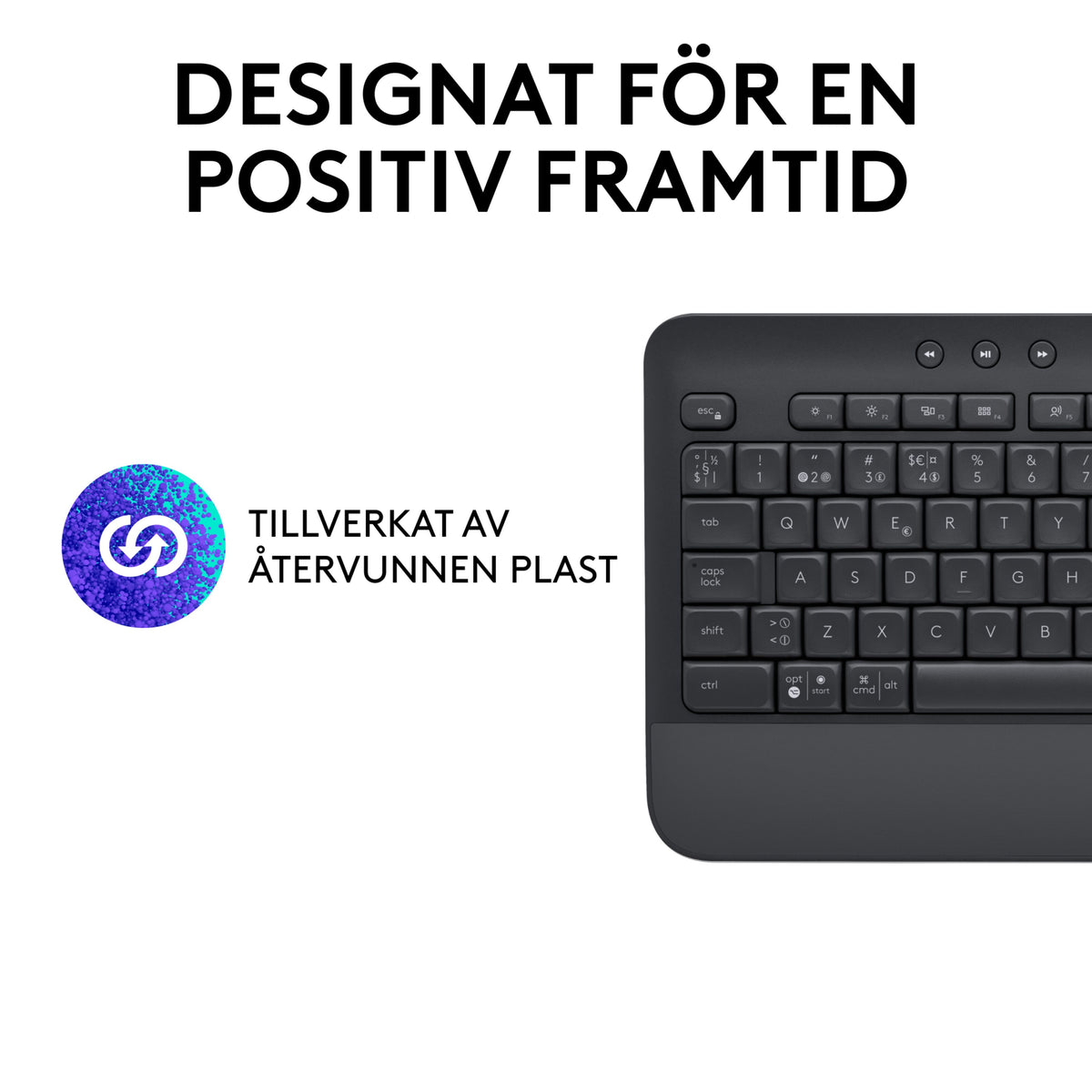Logitech Signature K650 trådløst tastatur i grafitfarve med håndledsstøtte, genbrugsikon og tekst om genanvendt plast.