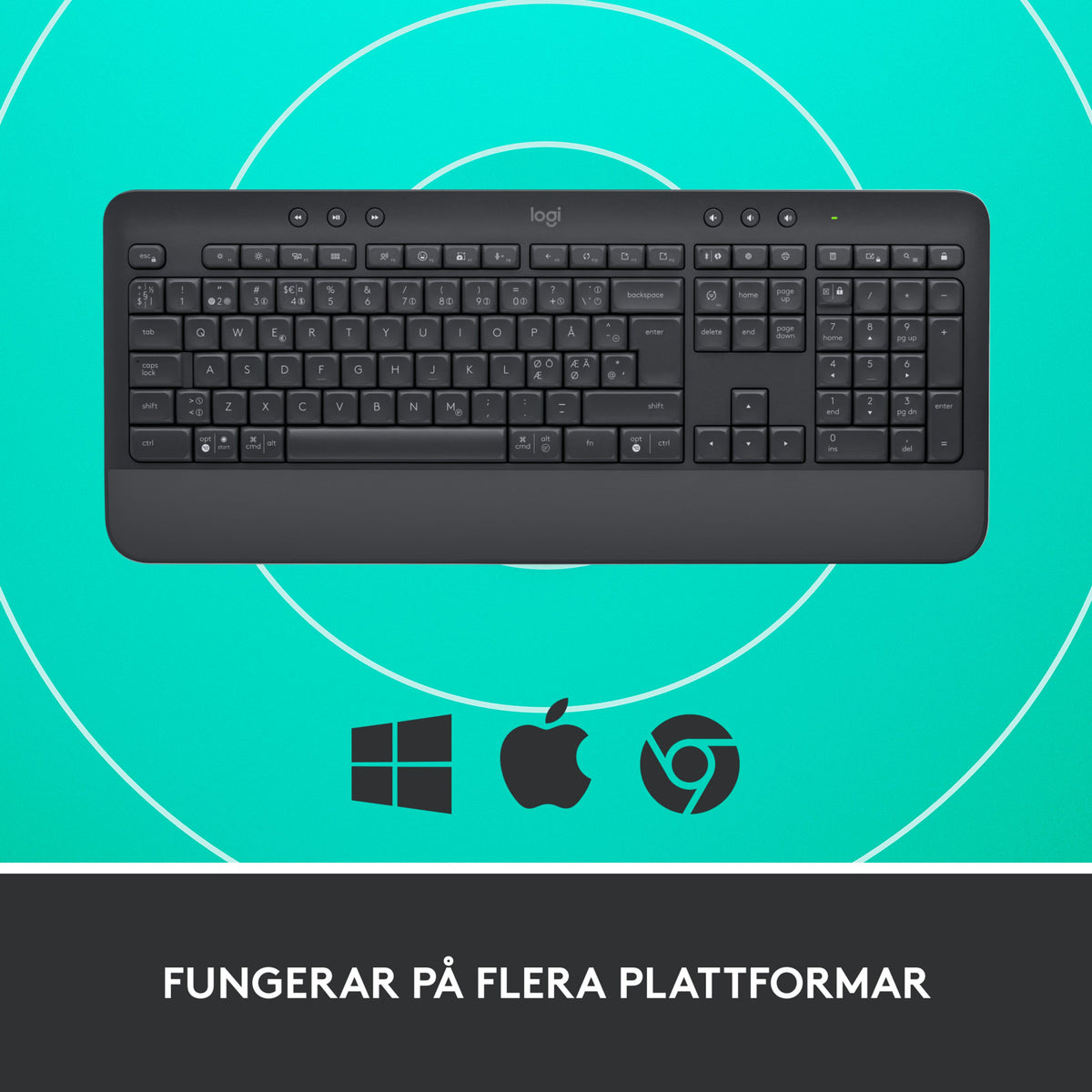 Logitech Signature K650 trådløst tastatur i grafitfarve med håndledsstøtte med Windows-, Apple- og Chrome-logoer.