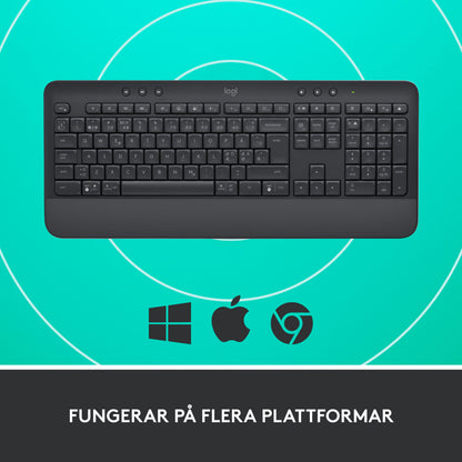 Logitech Signature K650 trådløst tastatur i grafitfarve med håndledsstøtte med Windows-, Apple- og Chrome-logoer.