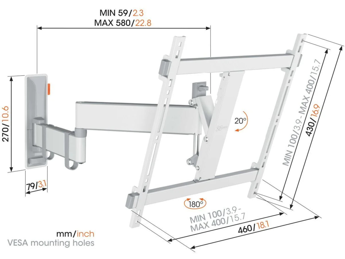 Vogels Comfort TVM 3445 vægbeslag 32-65" sort, justerbar arm, mål 59-580mm dybde, 270mm højde, tilt/swivel, VESA mm/inch.