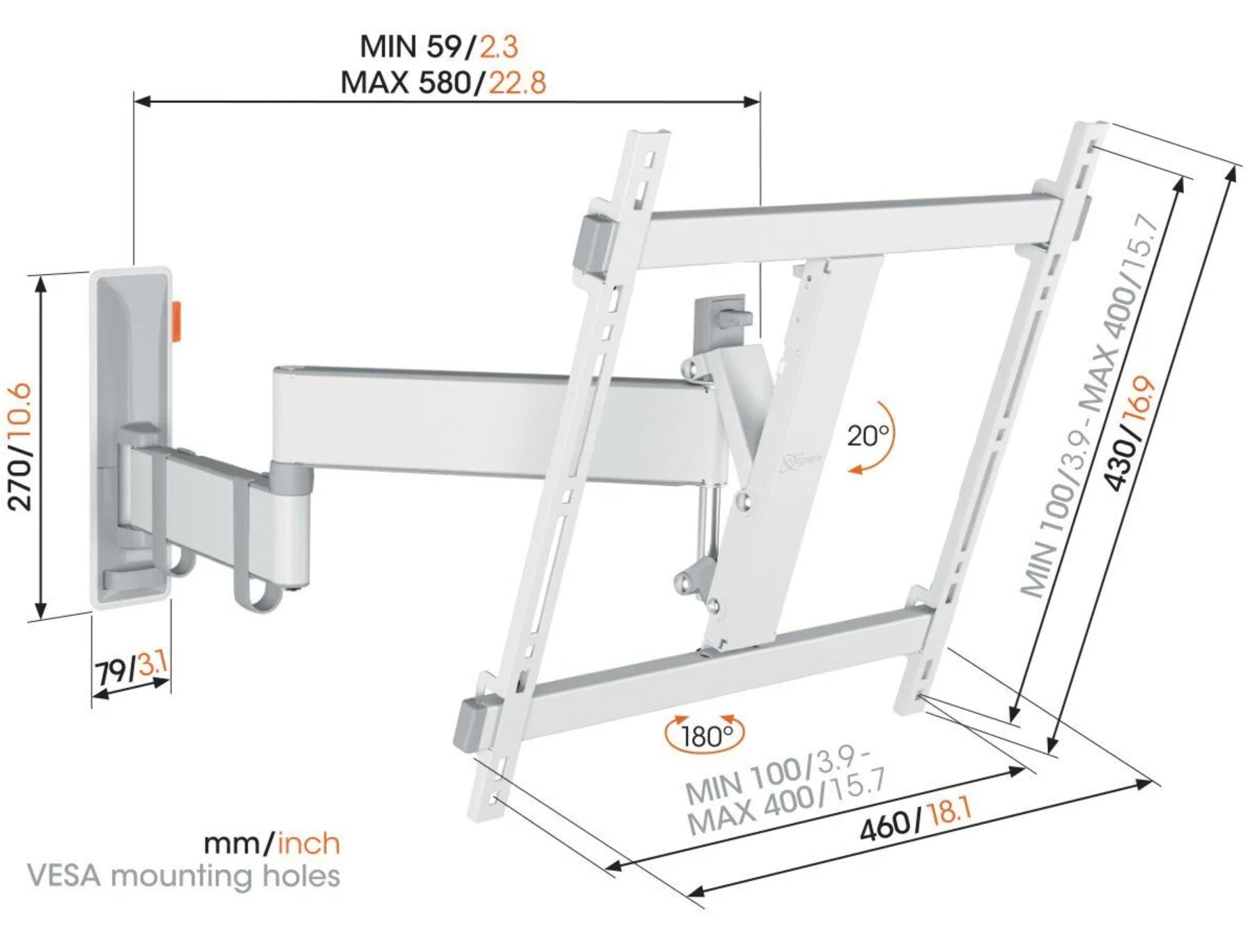 Vogels Comfort TVM 3445 vægbeslag 32-65" sort, justerbar arm, mål 59-580mm dybde, 270mm højde, tilt/swivel, VESA mm/inch.