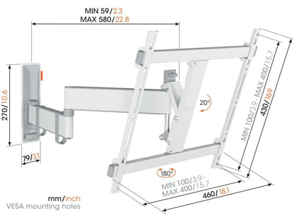 Vogels Comfort TVM 3445 vægbeslag 32-65" sort, justerbar arm, mål 59-580mm dybde, 270mm højde, tilt/swivel, VESA mm/inch.