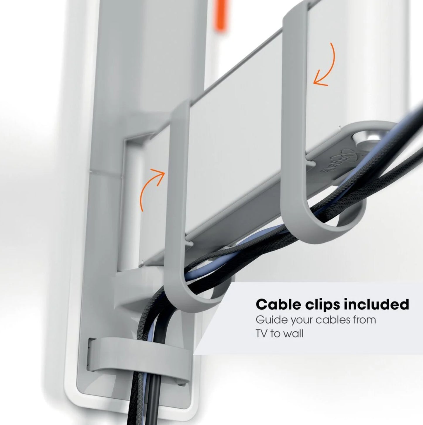 Vogels Comfort TVM 3645-40-77" sort tv-vægbeslag med kabelclips og sorte kabler, tekst: Kabelclips inkluderet.
