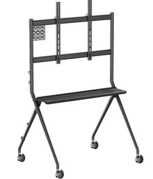 Vogels Essential T1011 B sort metal gulvstativ med hjul, flad hylde, justerbare VESA 900-600 beslag til store skærme.