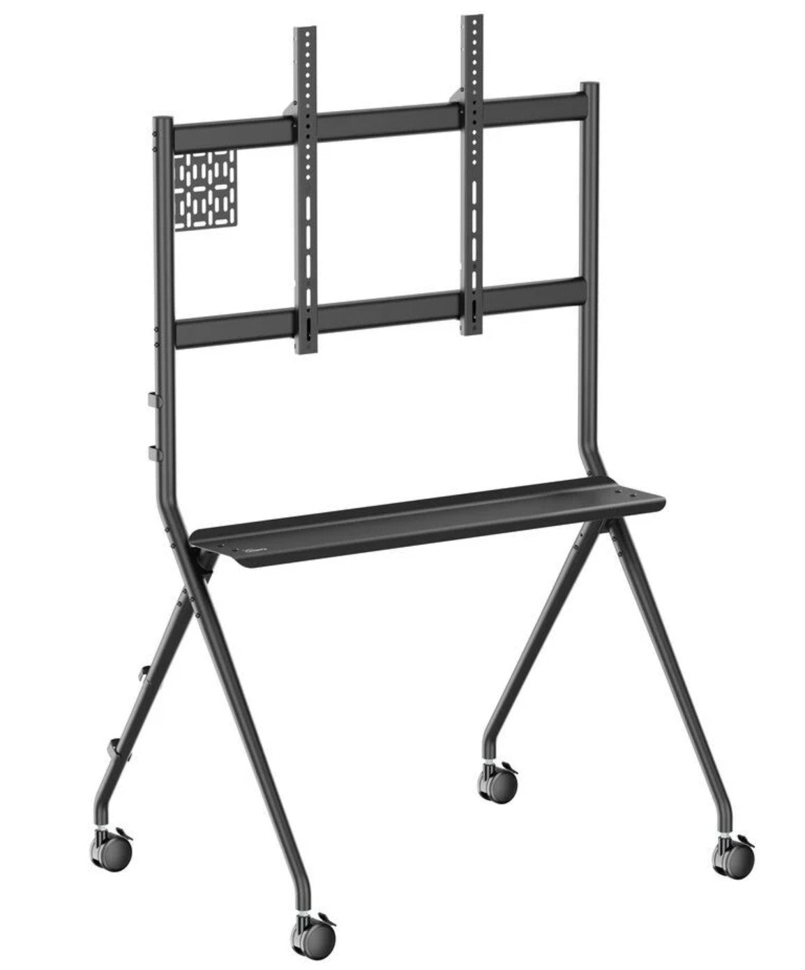 Vogels Essential T1011 B sort mobil gulvstativ til store TV med metalramme, bundhylde, justerbare beslag VESA 900-600, fire hjul.