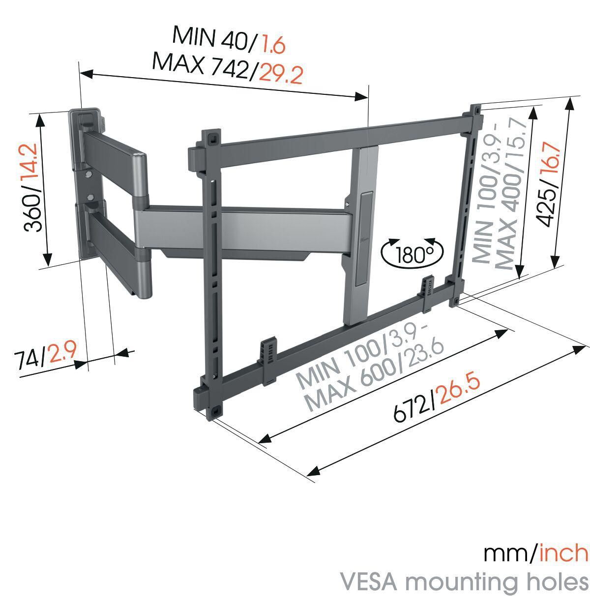 Vogels Elite TVM 5845 vægbeslag 55-100" diagram med mål, udtræk, VESA-afstande i mm/tommer og arm med 180° rotation.