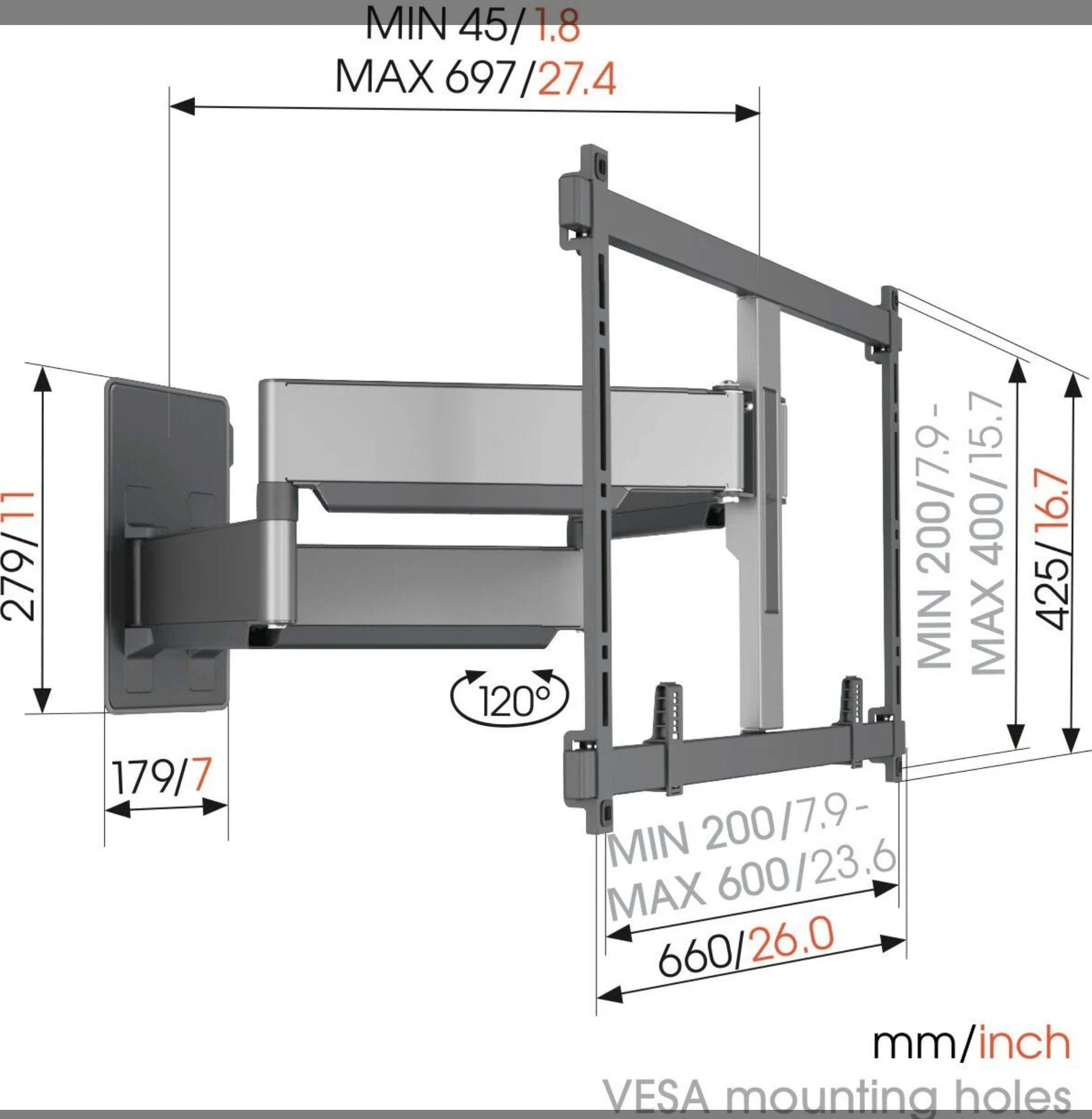 Vogels Elite TVM 5855 tv-vægbeslag, sort, arm 45-697 mm, højde 279 mm, VESA 200-400 mm, mål i mm og tommer.