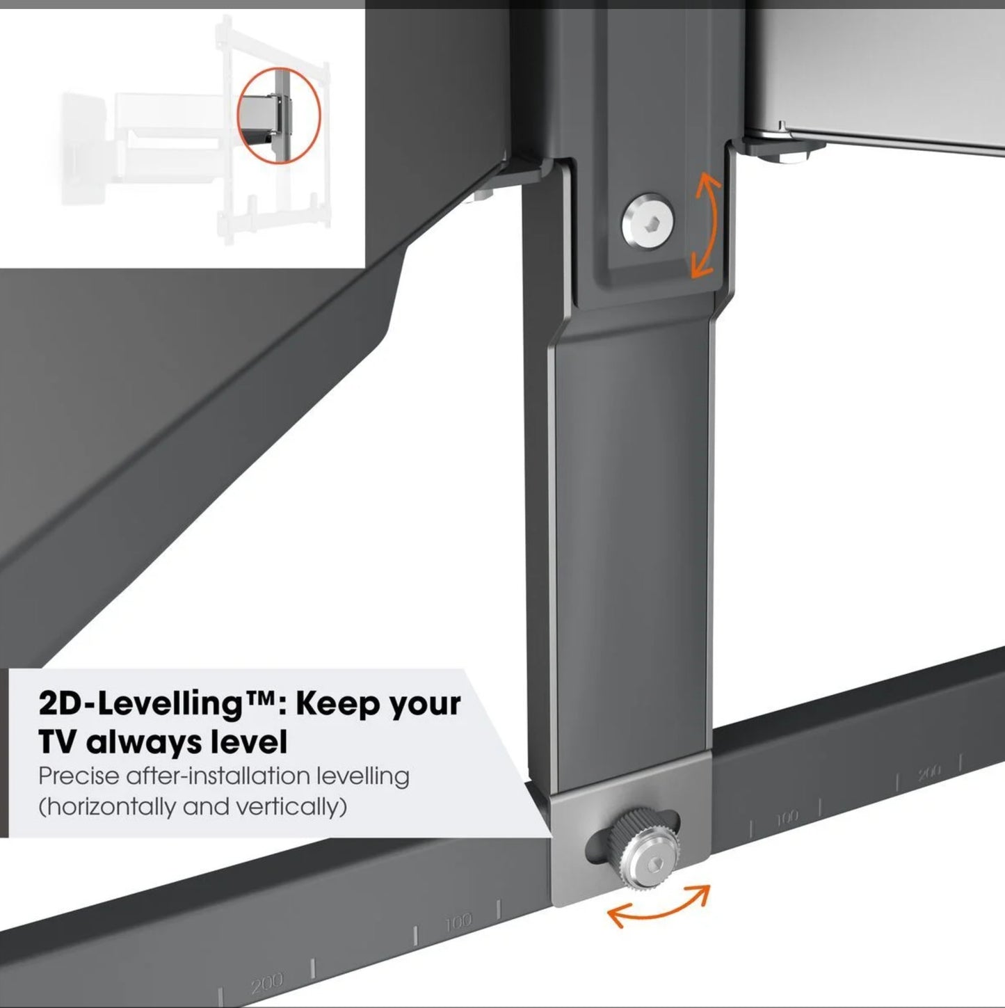 Vogels Elite TVM 5855 tv vægbeslag 55-100", justerbare skruer til vandret/lodret nivellering, orange pilmarkeringer.