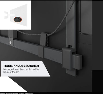 Vogels Elite TVM 5855 full-motion TV vægbeslag 55-100" med integrerede kabelholdere, tekst: Kabelholdere inkluderet.