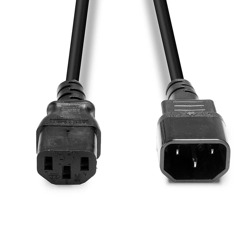 Lindy IEC forlængerkabel 2 m med C14 til C13 stik, sort, close-up af stik og kabelenden.