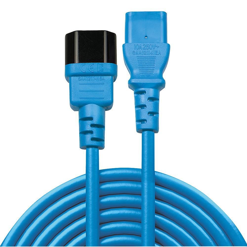 Lindy IEC forlængerkabel C14 til C13, 2 meter, blå spiral, sort-tippet C14 stik og blå C13 stik.
