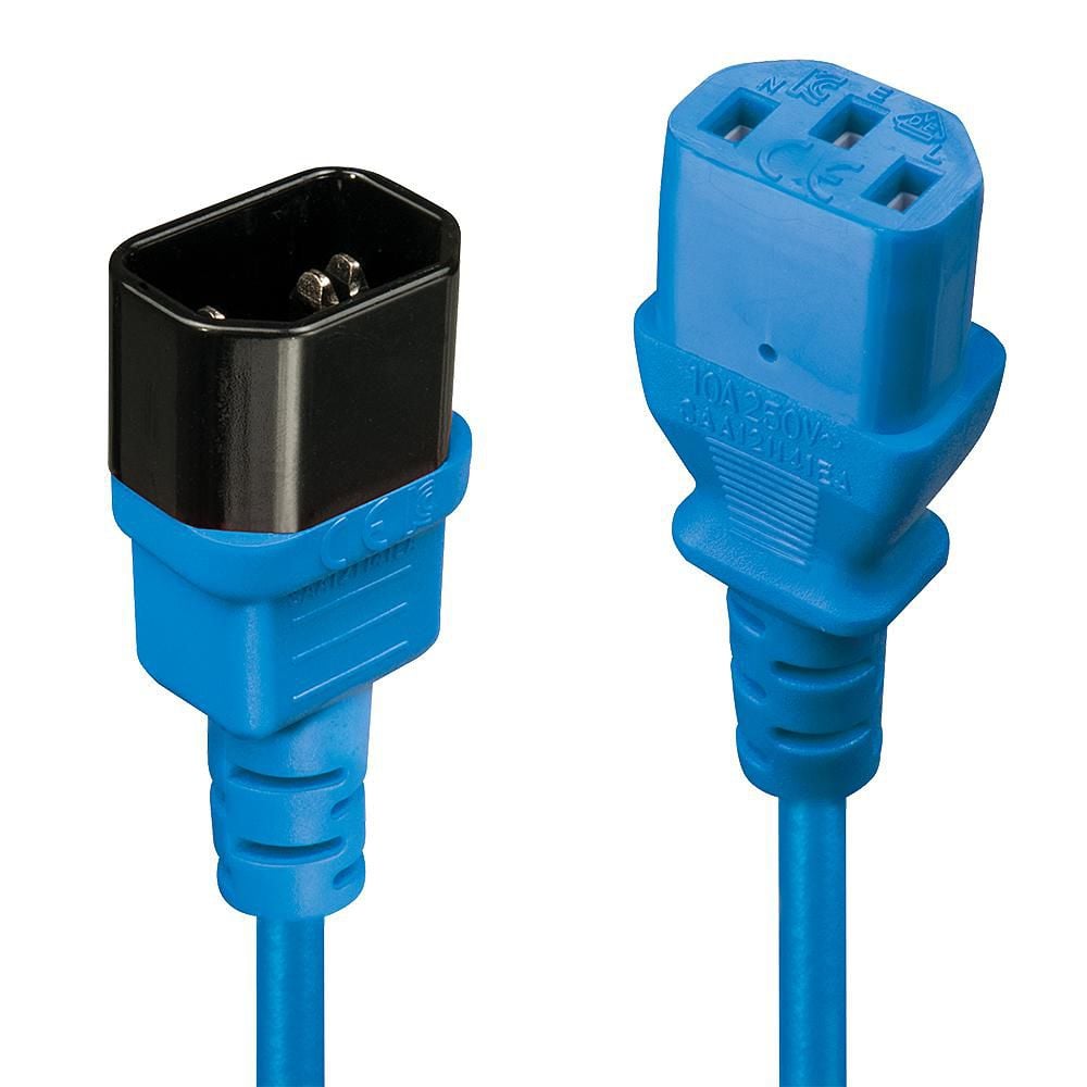 Lindy IEC forlængerkabel C14 til C13 2 m blå med støbte plastikhuse og synlige ben og riller.