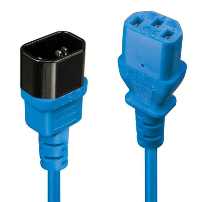 Lindy IEC forlængerkabel C14 til C13 2 m blå med støbte plastikhuse og synlige ben og riller.