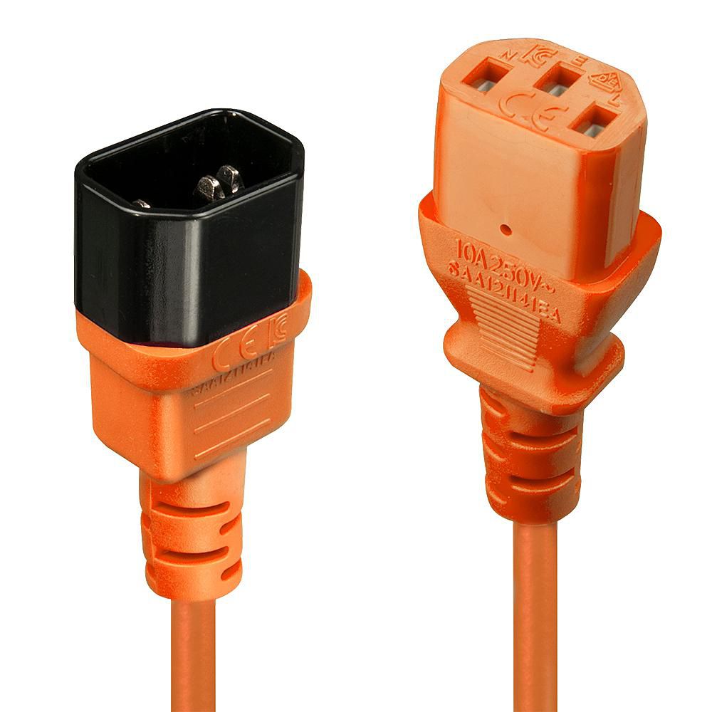 IEC forlængerkabel C14 til C13 0,5 m orange, sort/orange C14 hanstik og orange C13 hunstik med synlige ben og mærkninger.