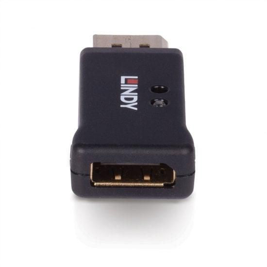 DisplayPort 1.4 EDID Emulator sort adapter med to indikatorlys, HDMI-port foran, kompatibel med KVM-switch opsætninger.