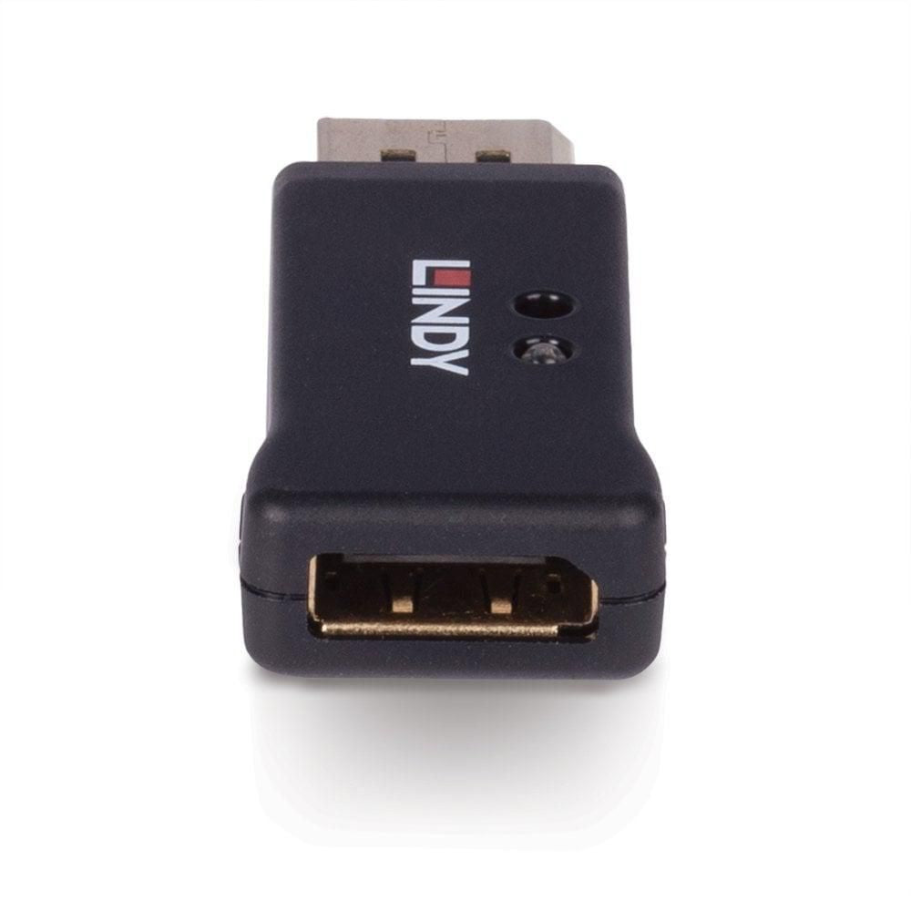 Lindy DisplayPort 1.4 EDID Emulator sort, guldbelagt portforrest, Lindy-logo på toppen, kompatibel med KVM og 8K DisplayPort emulering.