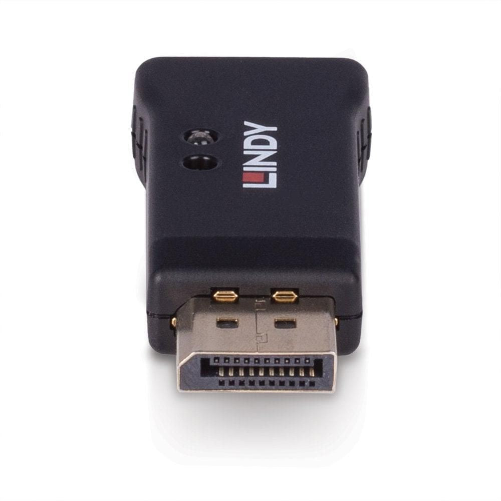 Lindy DisplayPort 1.4 EDID Emulator sort, stik vender fremad, Lindy-logo synligt på toppen.