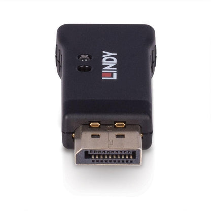 Lindy DisplayPort 1.4 EDID Emulator sort, stik vender fremad, Lindy-logo synligt på toppen.