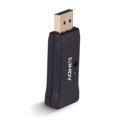 Lindy DisplayPort 1.4 EDID Emulator, sort USB-enhed med guldbelagt stik og opret design, Lindy-logo på fronten.