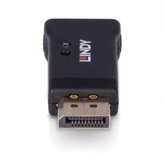 Lindy DisplayPort 1.4 EDID Emulator sorterer adapter med DisplayPort-stik, understøtter 8K-emulering og KVM-switch.