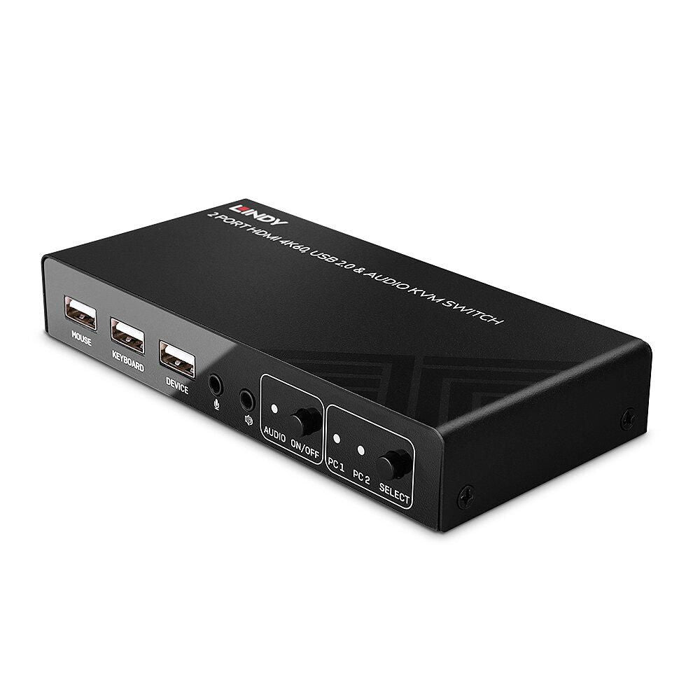 Lindy 2 Port HDMI 4K60Hz USB 2.0 Audio KVM Switch med to PC-knapper, tre USB-porte, mærkede porte og lydstyring.