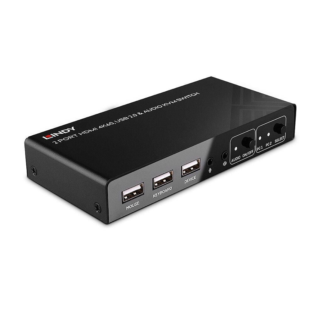 2 Port HDMI 4K60Hz USB 2.0  Audio KVM Switch med 3 USB 2.0 porte, lydsupport og frontplacerede power-/vælgerknapper.