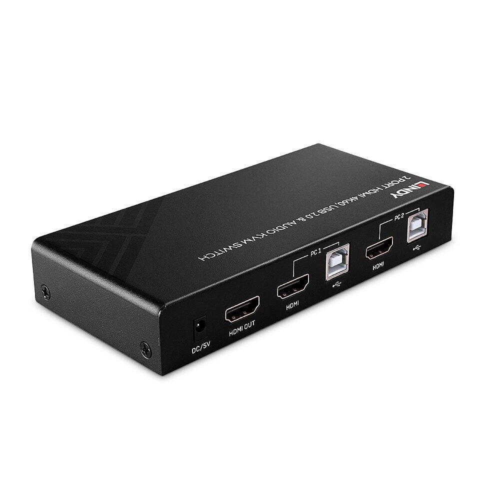 Lindy 2 Port HDMI 4K60Hz USB 2.0 Audio KVM Switch i sort, mærket porte (DC/5V, HDMI OUT, HDMI, USB 2.0), Lindy-logo på toppen.