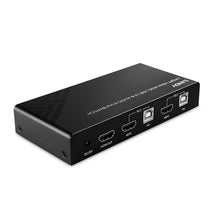 Lindy 2 Port HDMI 4K60Hz USB 2.0 Audio KVM Switch i sort, mærket porte (DC/5V, HDMI OUT, HDMI, USB 2.0), Lindy-logo på toppen.