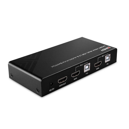 Lindy 2 Port HDMI 4K60Hz USB 2.0 Audio KVM Switch i sort, mærket porte (DC/5V, HDMI OUT, HDMI, USB 2.0), Lindy-logo på toppen.
