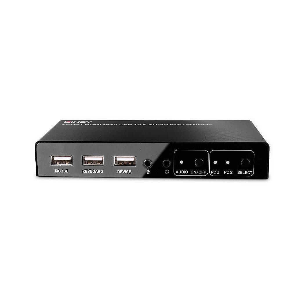 2 port HDMI 4K60Hz USB 2.0 audio KVM switch sort, mærkede porte til mus, tastatur, enhed, strøm og to pc'er forrest.